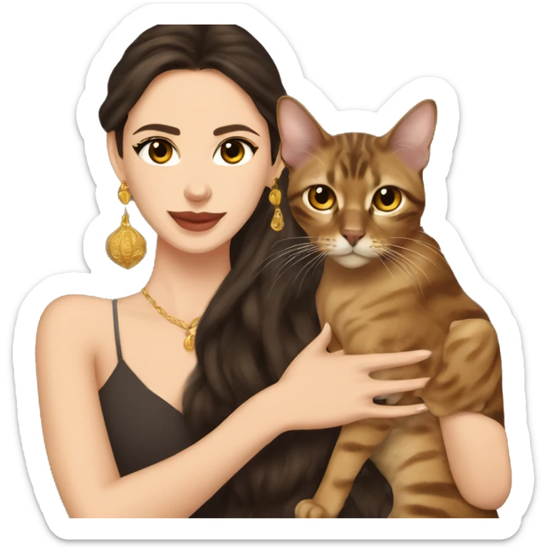 Beautiful skinny woman long dark brown hair in dark dress with gold earrings hug bengal cat sticker