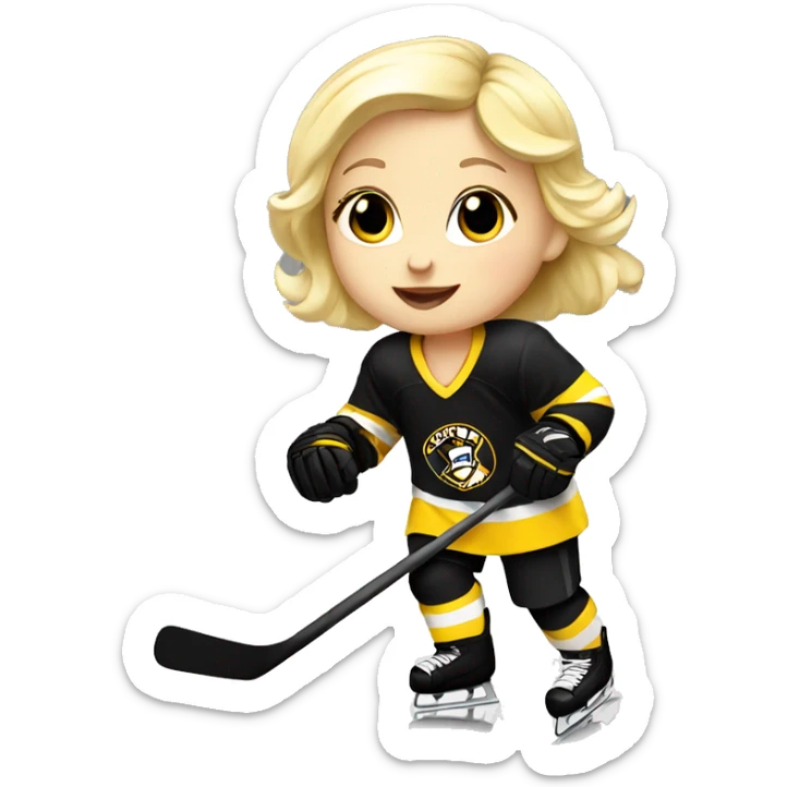 Baby girl with blond hair is playing ice hockey in black and white and yellow dress sticker