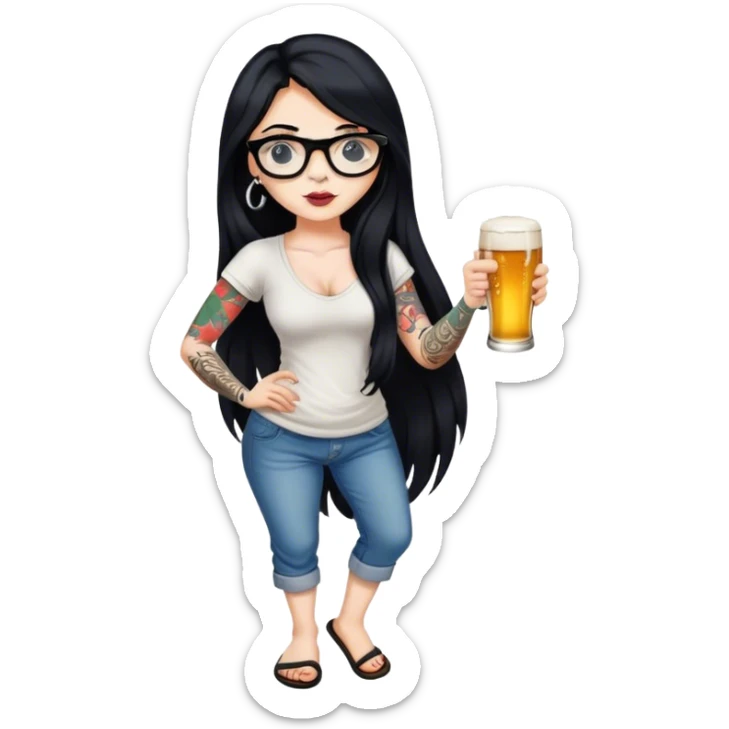 A beautiful woman with long black hair, wearing slippers that stand out, glasses on her face, tattoos on her arm, and holding a beer in one hand. sticker