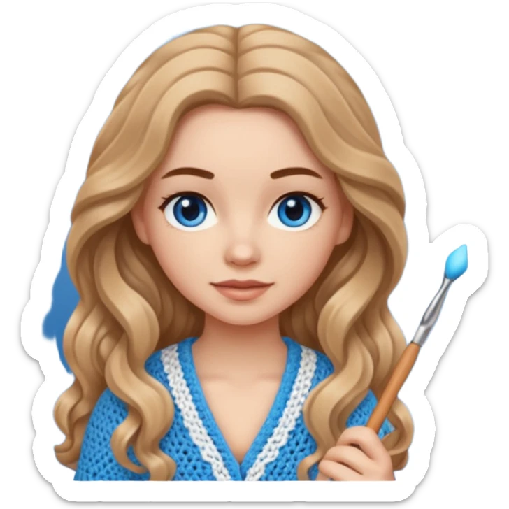 White Girl with light brown wavy long hair and blue eyes with a small crochet hook sticker