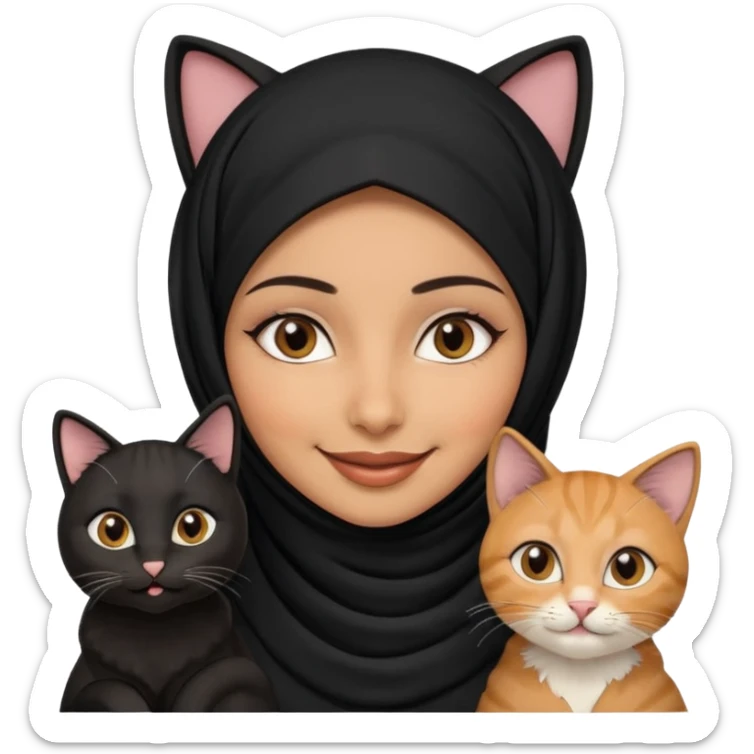 A Arabic woman human with brown eyes and black hijab. , the human is a human no cat ears, two cats, the both cats have the colour black and white in the same colour,  NO CAT EARS ON THE HUMAN  sticker
