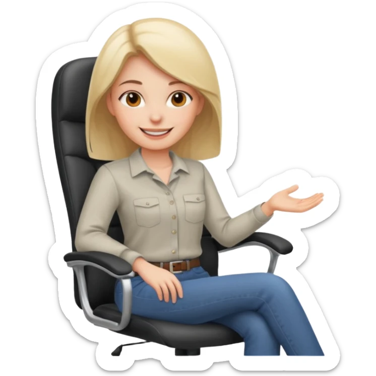Cartoon face woman smiling and relaxing and aligned in a chair in office make the face a cartoon character  sticker