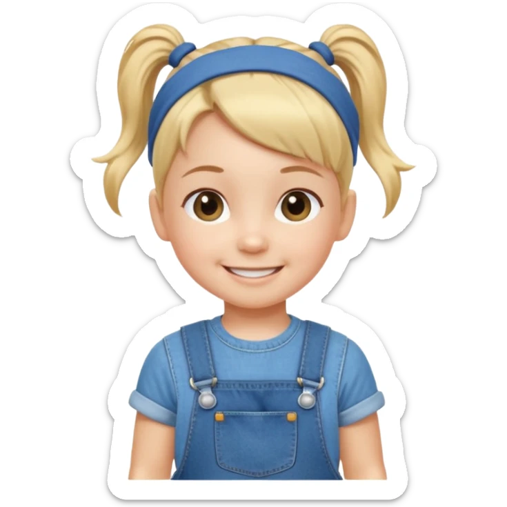 Cheerful toddler with a single small hair tie ponytail on top of head and  denim overalls, smiling at camera sticker