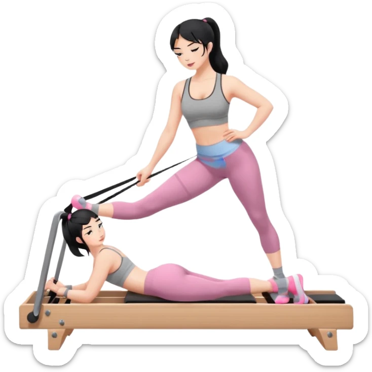 Create a Pilates emoji: a girl with fair skin and black hair, wearing a grey bra and grey leggings with pink pilates socks, on all fours on a wooden reformer. Make it look at the reformer. Make the colors neutrals. sticker
