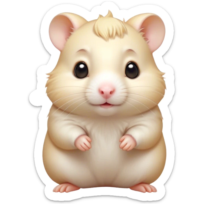 Cinematic Cute Cream Hamster Portrait Emoji, Head tilted playfully and inquisitively, featuring a silky, pristine cream coat with a gentle sheen, round, sparkling dark eyes filled with curiosity, Simplified yet irresistibly adorable features, highly detailed, glowing with a warm, friendly glow, high shine, affectionate and lively, stylized with a touch of whimsy, bright and endearing, soft glowing outline, capturing the essence of a mischievous yet loving hamster, so playful it feels like it could dash out of the screen and into your arms! sticker