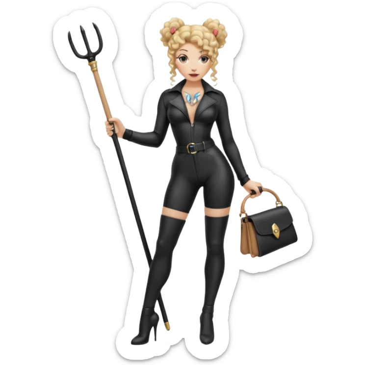  Dominatrix blonde curly hair in bun full body with 2 whips sticker