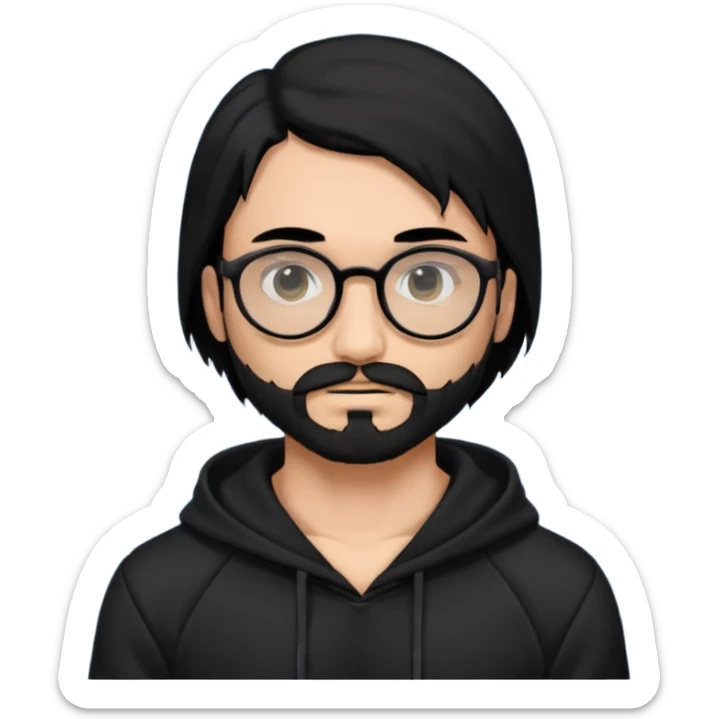 Man, hispanic skin, black hair, black beard, black mustache black eyes black t hoodie, small nose, long emo hair, muscular , round glasses sticker