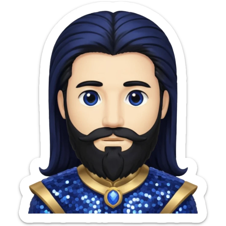 Saturn, God of Time from Gods and Goddesses with long black hair and beard, indigo sequin outfit sticker
