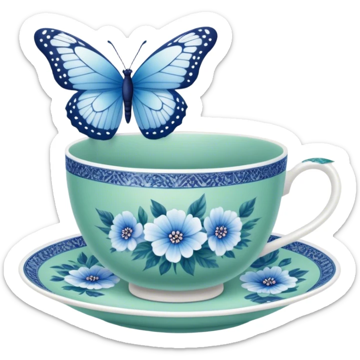 A delicate butterfly with pastel blue wings, resting on the edge of a green  porcelain teacup adorned with intricate blue floral patterns. sticker