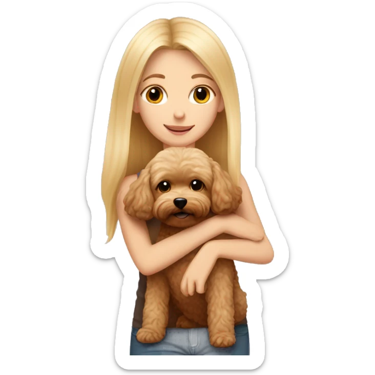 Blonde girl with long straight hair hugging a brown maltipoo sticker