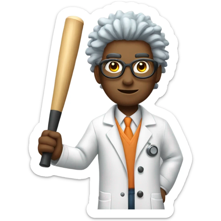 cartoon scientist with wild hair, wearing a lab coat and goggles holding a baseball bat sticker