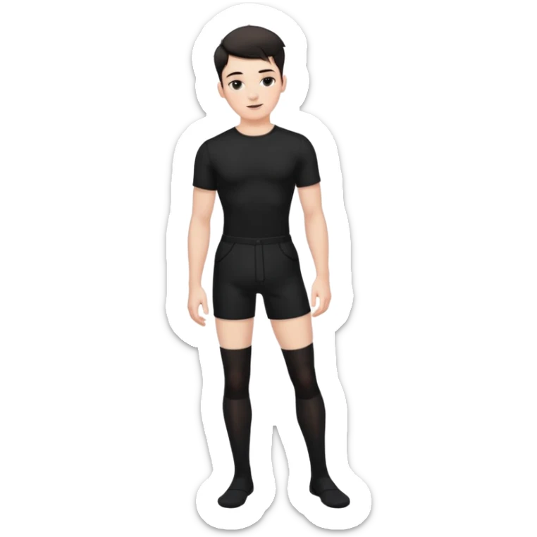 Male in his 20s, clean shaven, feminine look, wearing black thigh highs, black crops, black feminine shorts, is a femboy.   sticker