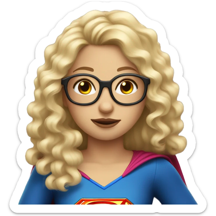 Curly long blonde hair girl with glasses and supergirl upper body sticker