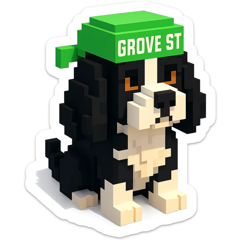 A black and white Russian Cocker Spaniel puppy wearing a grove street durag, voxel style, sitting sticker