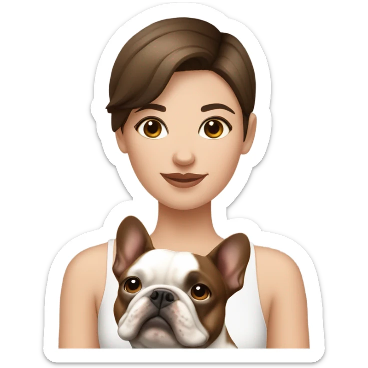 short hair Brunette girl with one brown french bulldog and one white with brown french bulldog sticker