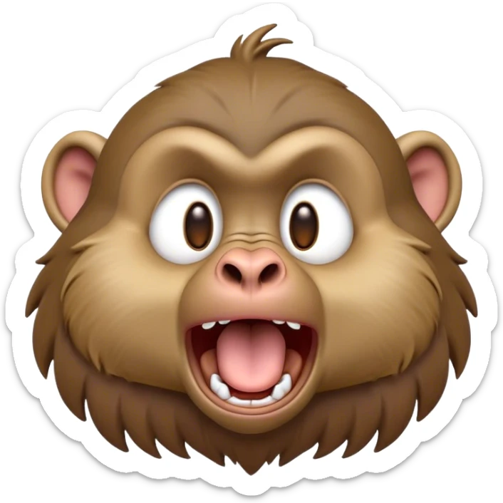 Cinematic Cute Yawning Baboon Portrait Emoji, Head tilted slightly with a dramatic, wide-open yawn, showcasing a soft, textured Fur of earthy browns with droopy ears, round eyes barely open in drowsy contentment, Simplified yet irresistibly adorable features, highly detailed, glowing with a soft, cozy glow, high shine, relaxed yet expressive, stylized with a touch of playful urban charm, bright and endearing, soft glowing outline, capturing the essence of a sleepy yet affectionate baboon, so drowsy it feels like it could stretch out of the screen and curl up for a nap! sticker