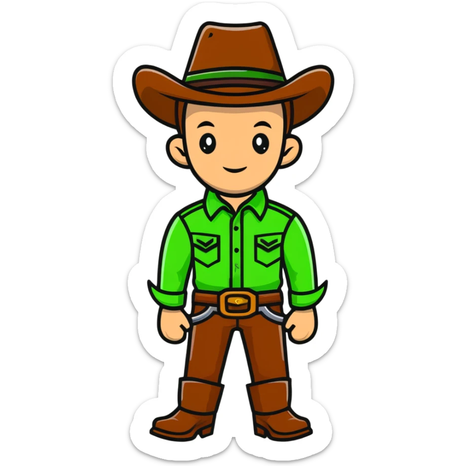 Cartoon cowboy with bright green outfit and matching green cowboy hat, western style sticker