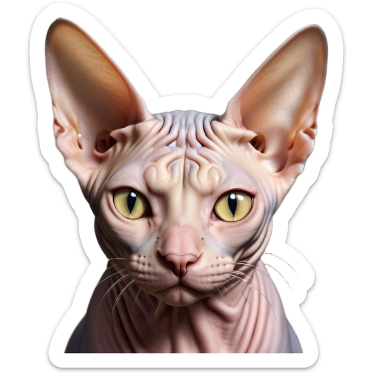 Cinematic Meme-Worthy Grumpy Sphynx Cat Portrait Emoji, Head held high but eyes filled with dramatic disappointment, hairless, wrinkled skin forming deep furrows of discontent, large ears positioned like tiny radar dishes of judgment, signature scowling mouth and narrowed eyes radiating pure disapproval, Simplified yet hilariously over-exaggerated features, highly detailed, glowing with an aura of supreme annoyance, high shine, exhausted yet judgmental, stylized with an almost regal pettiness, bright but brooding, soft glowing outline, capturing the essence of a feline that has seen it all and is thoroughly unimpressed, so meme-worthy it feels like it could instantly become the next viral sensation of grumpiness! sticker