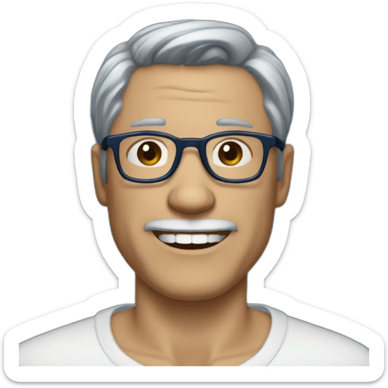 50 year old man, hair parted to the right with thin dark blue black glasses, his ears are slightly protruding and his smile is missing a tooth between the canine and the palette. sticker