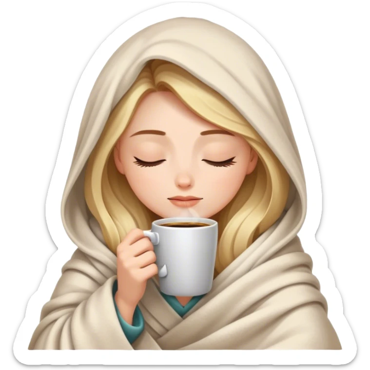 girl inside a blanket sipping coffee eyes closed sticker