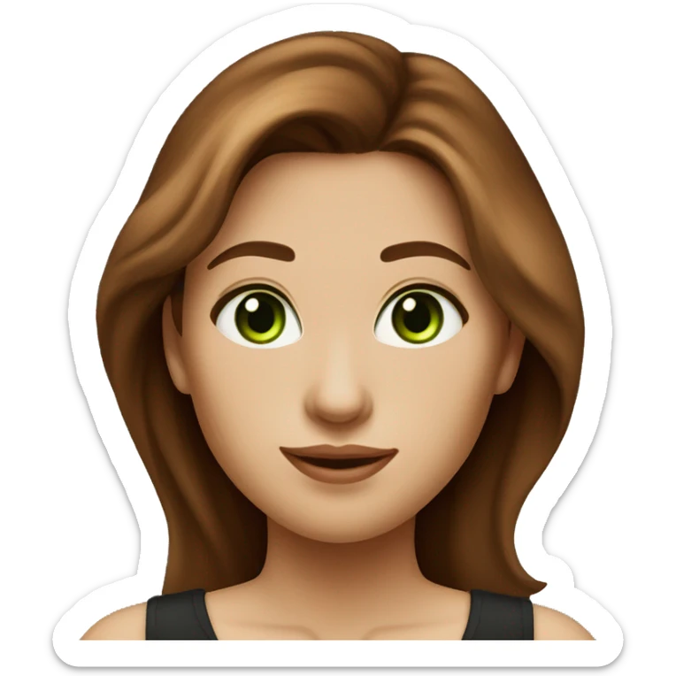 Attractive woman with waist-long chestnut-brown hair and dark green eyes, and a black top sticker