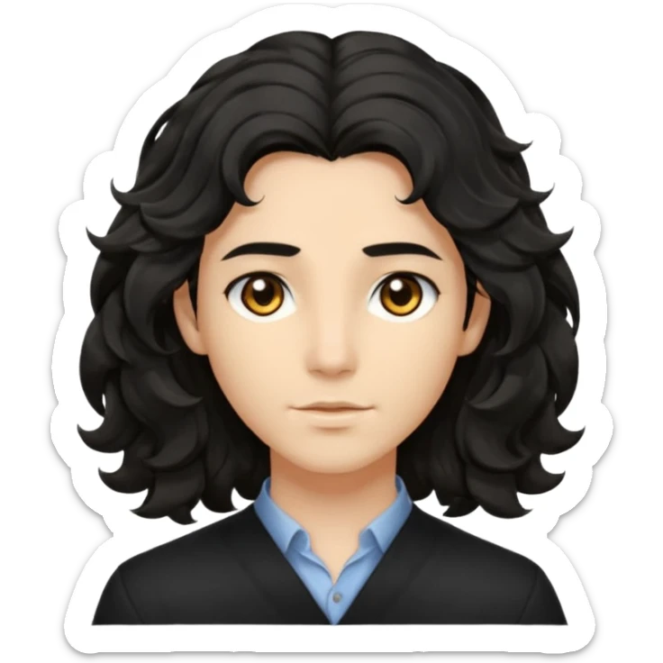 his avatar has shoulder-length black wavy hair with loose curls framing the face, and a long, pointed face with golden-brown eyes and a calm, neutral expression. sticker