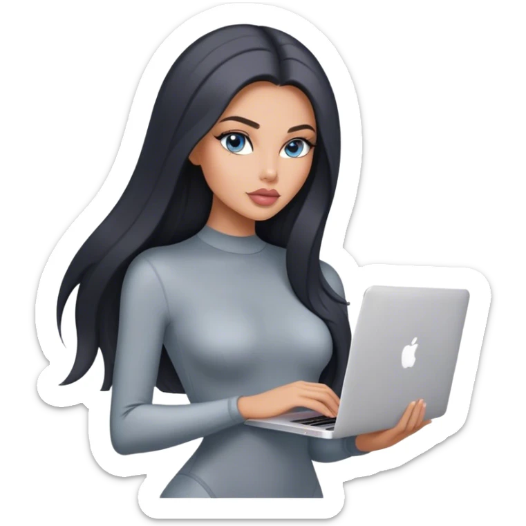 Glamours, tanned, very beautiful girl, with big pump peach-beige-rose lips, black straight smooth silky long hair, straight parting, blue-grey eyes, in grey bodysuit holding MacBook sticker