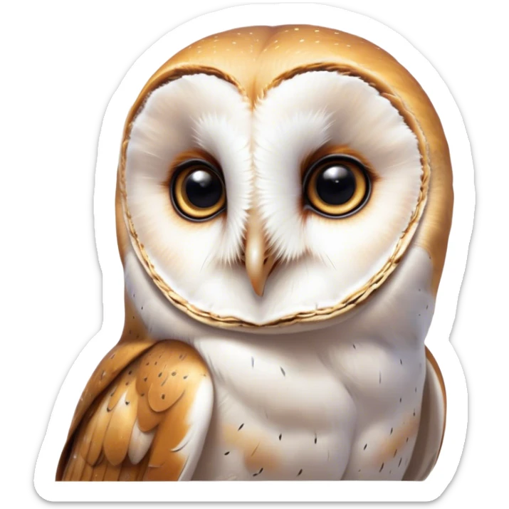 Cinematic Cute Barn Owl Portrait Emoji, Head tilted playfully and inquisitively, featuring a softly mottled Fur of white and brown with delicate feather patterns, round, sparkling amber eyes filled with curious wonder, Simplified yet irresistibly adorable features, highly detailed, glowing with a warm, friendly glow, high shine, affectionate and gentle, stylized with a touch of barnyard whimsy, bright and endearing, soft glowing outline, capturing the essence of a mischievous yet loving owl, so playful it feels like it could swoop out of the screen and into your arms! sticker