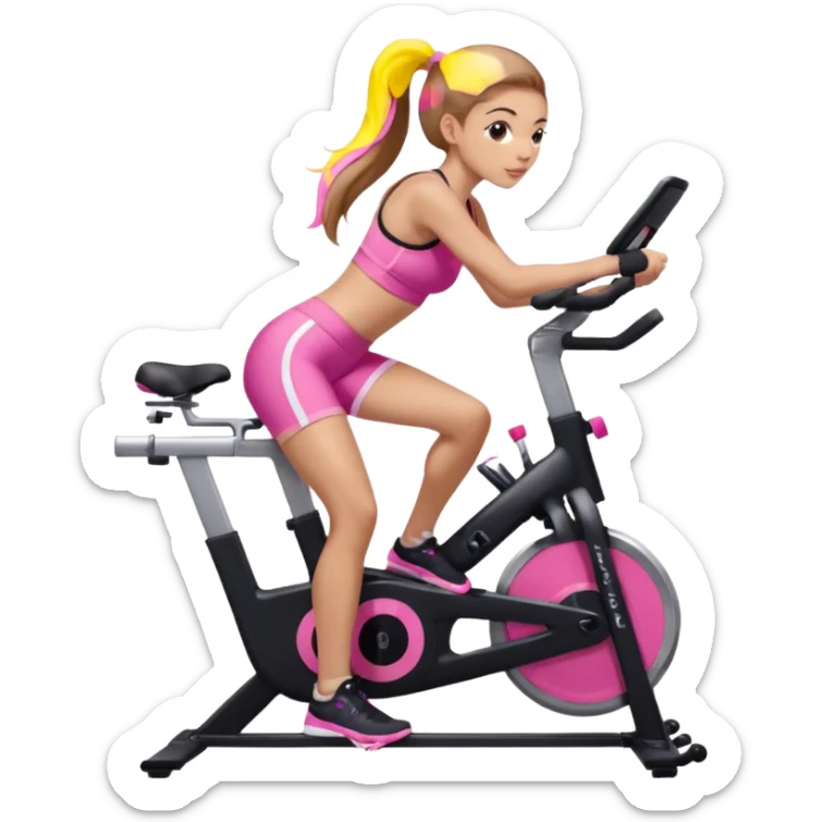 Light skin girl with long light brown hair in a pony tail, black workout set leaning on a indoor spin bike with NO HELMET, can we add a pink sports bra  sticker