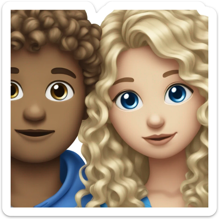 straight blonde hair blue eyed girl kissing mixed boy with curly brown hair sticker