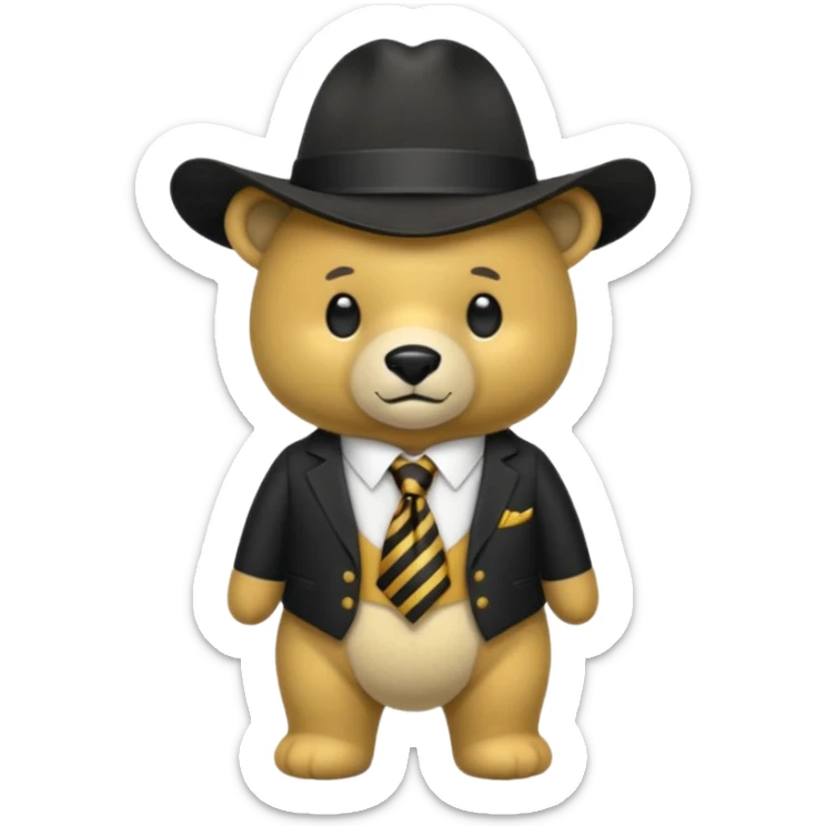Oso dorado con un sombrero negro y fn su cuello un moño negro sticker
