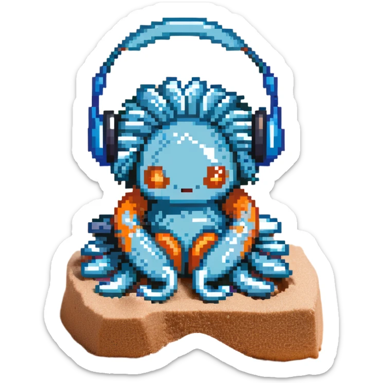 light blue sea anemone with arms, listening to music with headphones, sitting on sand sticker