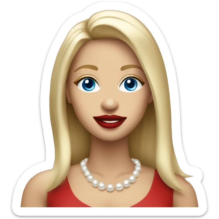 Blonde long straight haired blue eyed tan caucasian woman with red lipstick wearing pearl necklace sticker