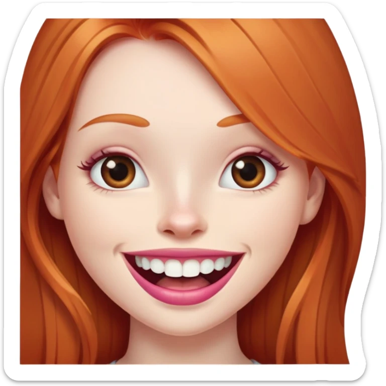Young girl with pale skin, longer face, full pink lips smiling with big teeth, very long straight ginger red hair (no blonde at all), big brown eyes, bigger nose, big mouth sticker