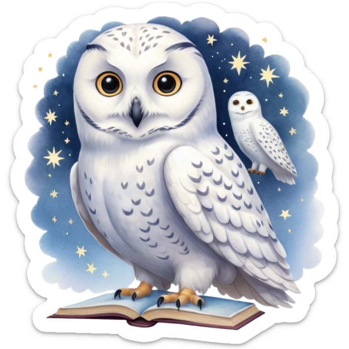 A hand-drawn fantasy illustration of Hedwig, Harry Potter’s snowy owl, with soft watercolor style, gentle pastel tones, magical sparkles in the air, cozy wizarding atmosphere, storybook illustration, high detail, whimsical and warm mood. sticker