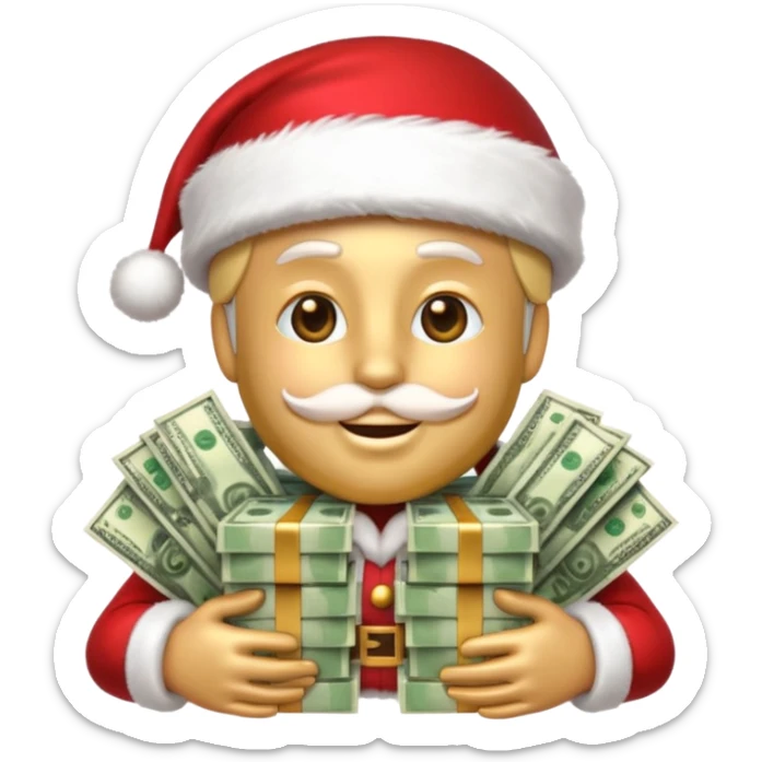 A confident rich emoji face wearing a Santa hat, money stacks, casino vibe, New Year theme, premium 3D emoji style, sharp details, no text, isolated on transparent background sticker