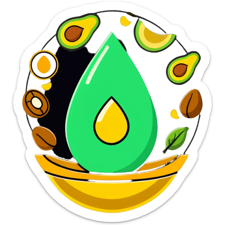 Floating aura in the shape of a golden and jade green drop, with bright icons of avocado, nuts, olive oil and ethereal fish spinning in a circle, surrounding a warm heart and illuminated brain, wrapped in a soft glow of protection and stable energy sticker