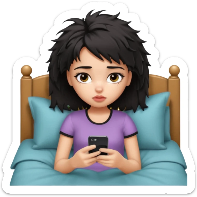 generate a pretty bratz girl with short black messy bed hair, looking tired and using her phone sticker