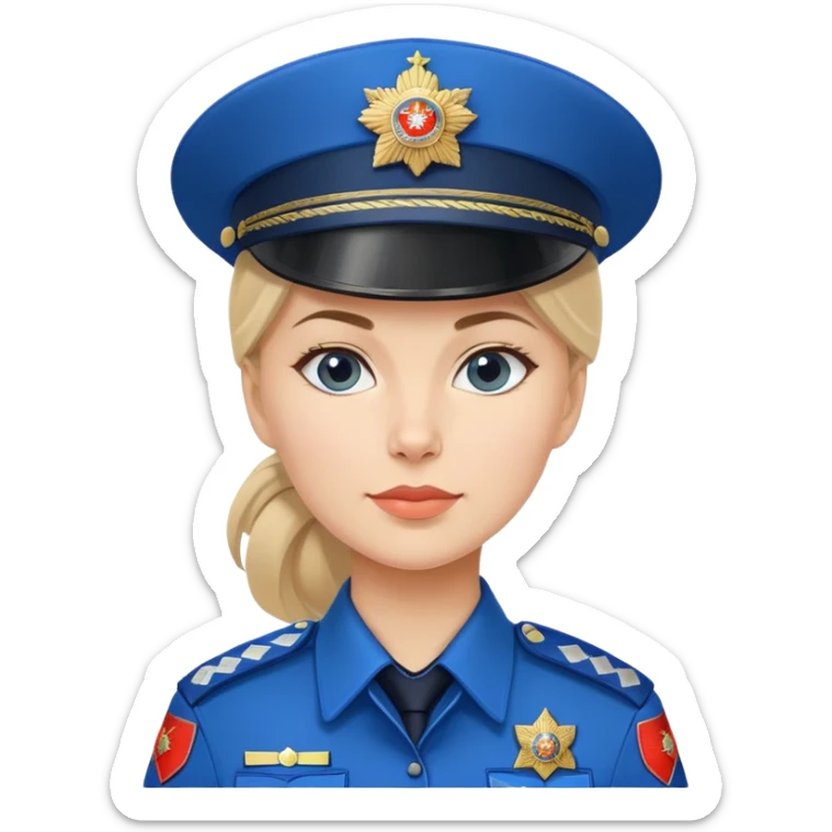 Female Russian police officer with traditional Russian police hat and blue uniform sticker