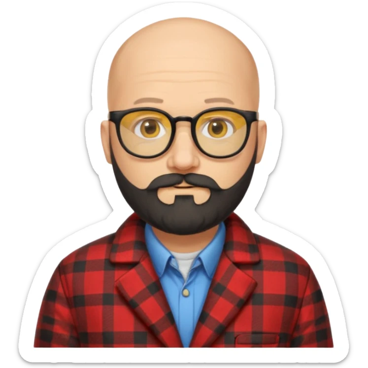 Un profesor calvo, que tenga barba abundante de color negro, lleva gafas con el cristal de color amarillo y un abrigo de cuadros rojo sticker