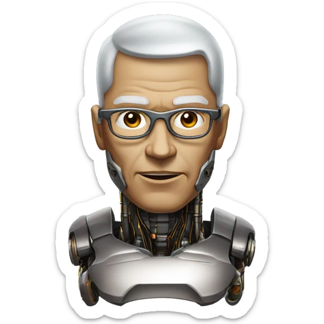 Older Male cyborg head with metallic plated face, brown flat top haircut, glasses and circuitry sticker