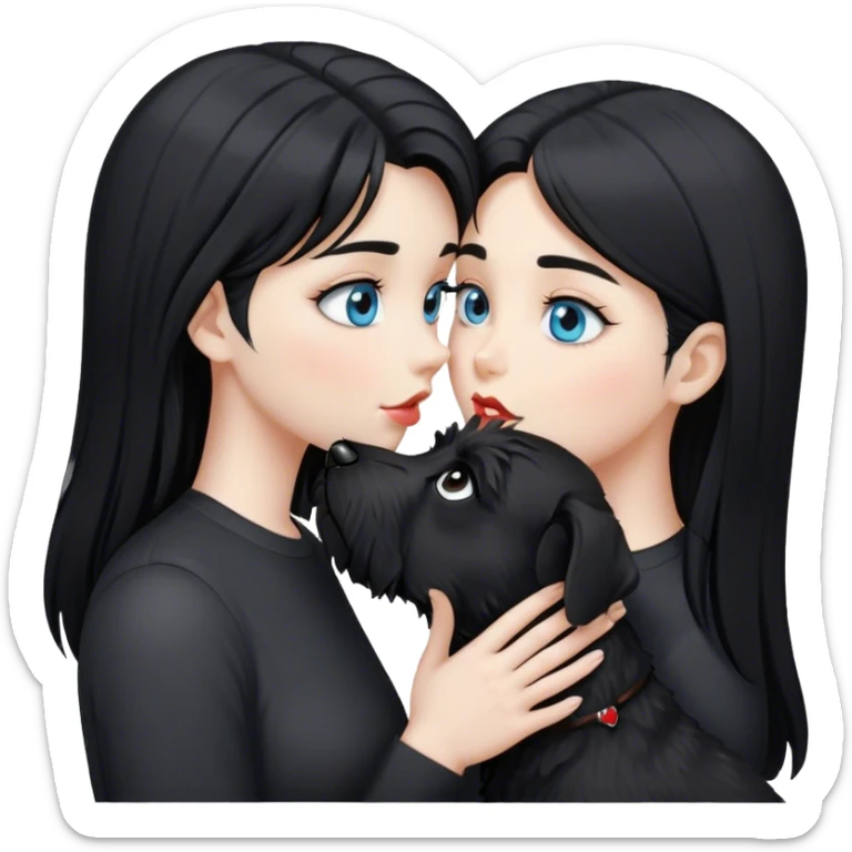 one pale girl with light blue eyes and long black hair wearing black shirt kissing black schnauzer  sticker