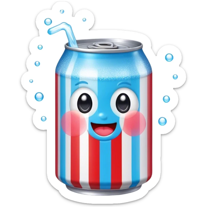 Cute Kawaii Soda Can, bubbly and vibrant, bright red and blue stripes, playful fizz popping around, a chubby happy face with wide sparkling eyes, energetic and refreshing! sticker