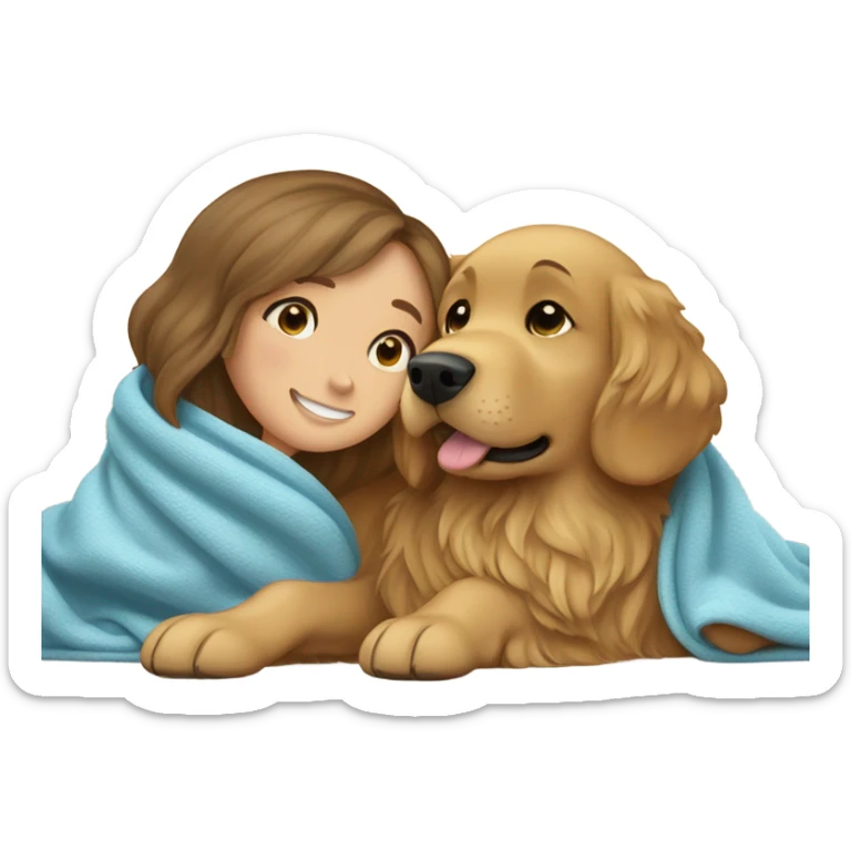 Golden retriever and brown hair blue eyed girl in blanket together  sticker