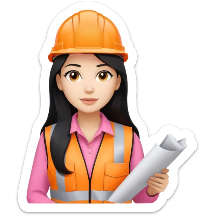Female civil engineer with long black hair and white helmet wearing pink shirt and an orange safety vest looking at construction plan  sticker