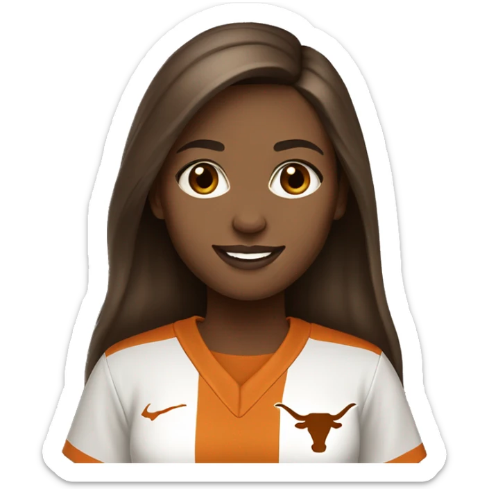Brown hair, pale skin, woman. Wearing University of Texas Longhorn clothes sticker