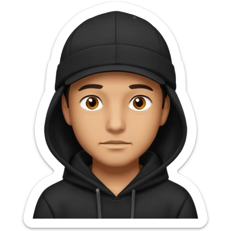 Guy wearing a black hoodie and a black cap his eyes hunter eyes brown and his skin white but tanned  sticker