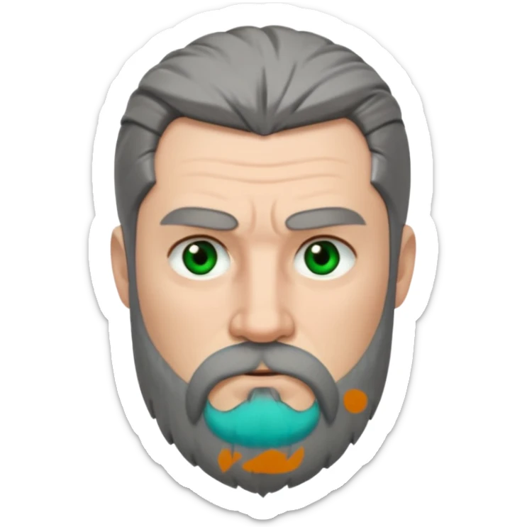 Greenish grey eyed adult man with sad eyes, poor short dark grey hair and a very long viking beard hanging. Pale skin. He's serious and looks tired. Make sure his hair and beard are both dark grey. sticker