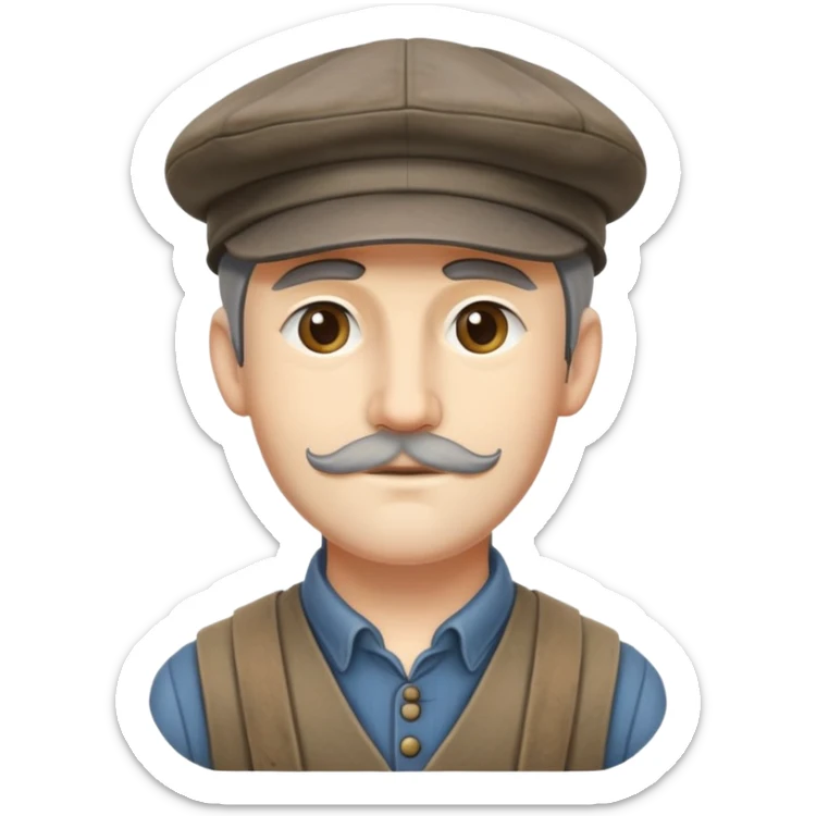 Highly detailed 19th century English factory worker with weathered face, detailed period-accurate clothing, flat cap, and realistic facial features sticker