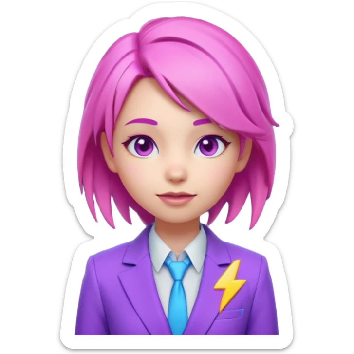 Cute 3D emoji-style girl sexy character with pink hair and purple eyes. No hands, no pose. Clean purple suit with a glowing neon-blue ‘C’ logo on the chest, small lightning accent. Smooth Apple-style lighting, friendly expression sticker